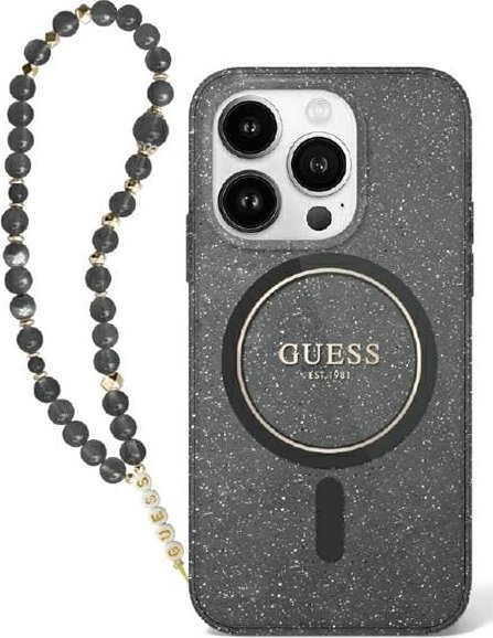 Guess Guess GUHMP16SHGCRELSK iPhone 16 6.1" czarny/czarny hardcase IML Glitter With Pearl Strap MagSafe