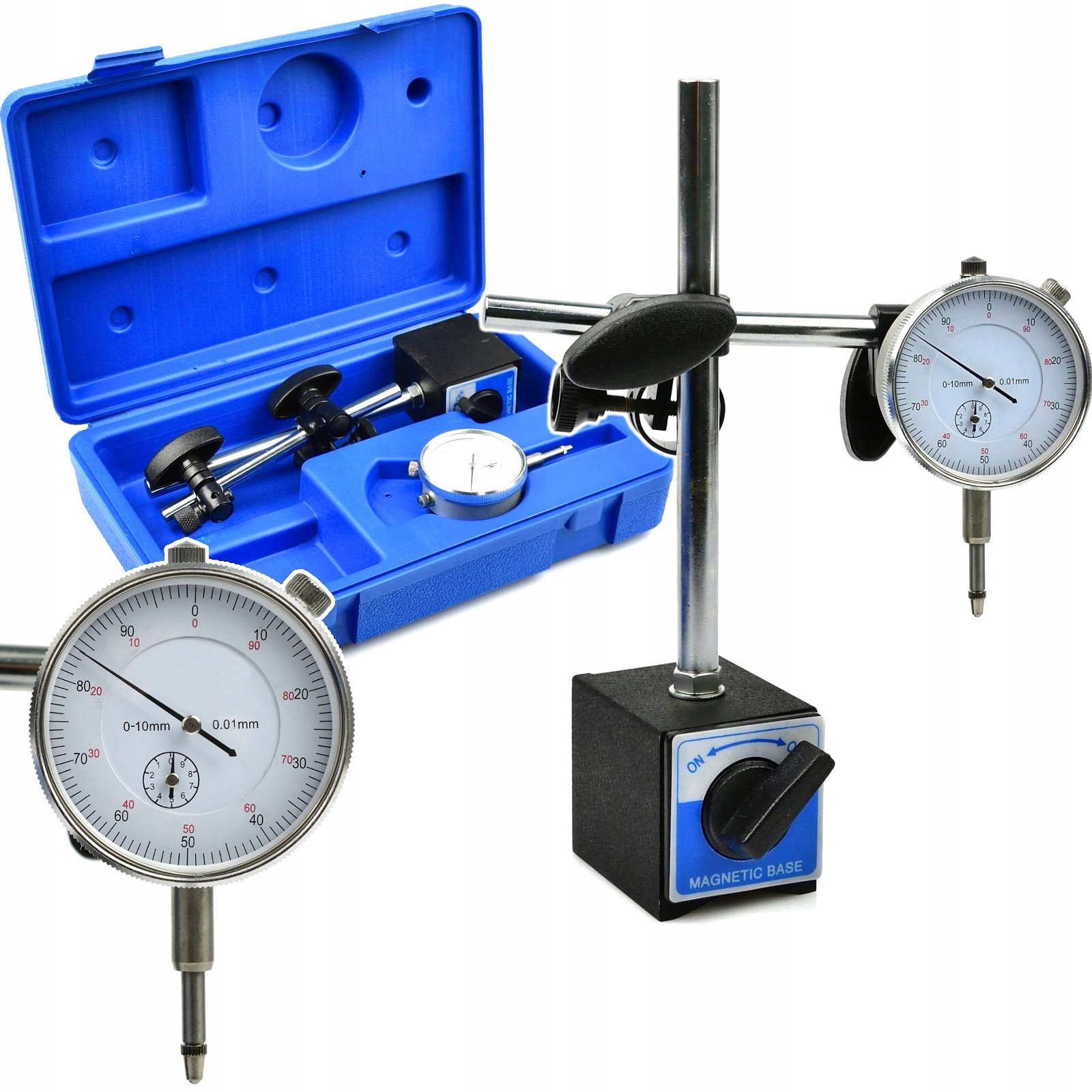 Czujnik zegarowy 10/0,01 mm na statywie magnetycznym (walizka) (10)