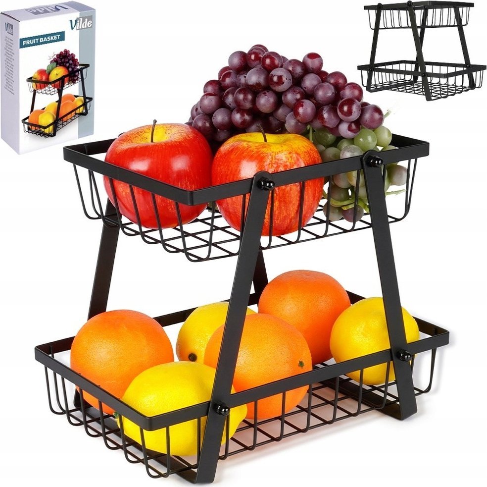 Vilde Koszyk na Owoce Warzywa 2-Poziomowy Metalowy Czarny VILDE 28 x 17,5 x 21 cm