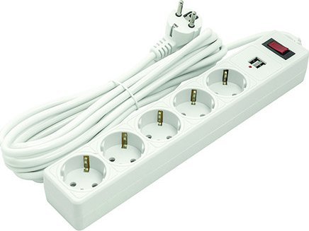 EXD Buitinis ilgiklis 5m, 5 lizdai, 2xUSB, su jungikliu