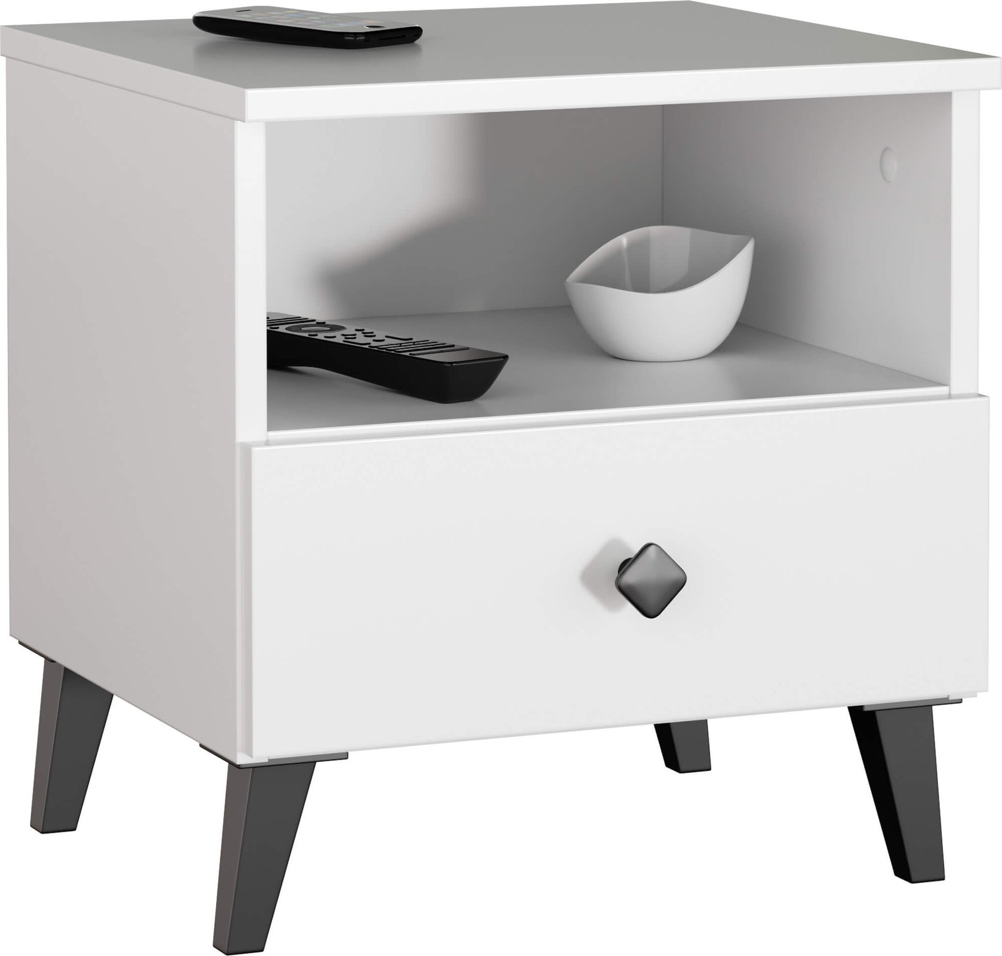 Fabryka Mebli Akord Szafka nocna MOBI 40 cm do sypialni 1 szuflada glamour - biała czarna