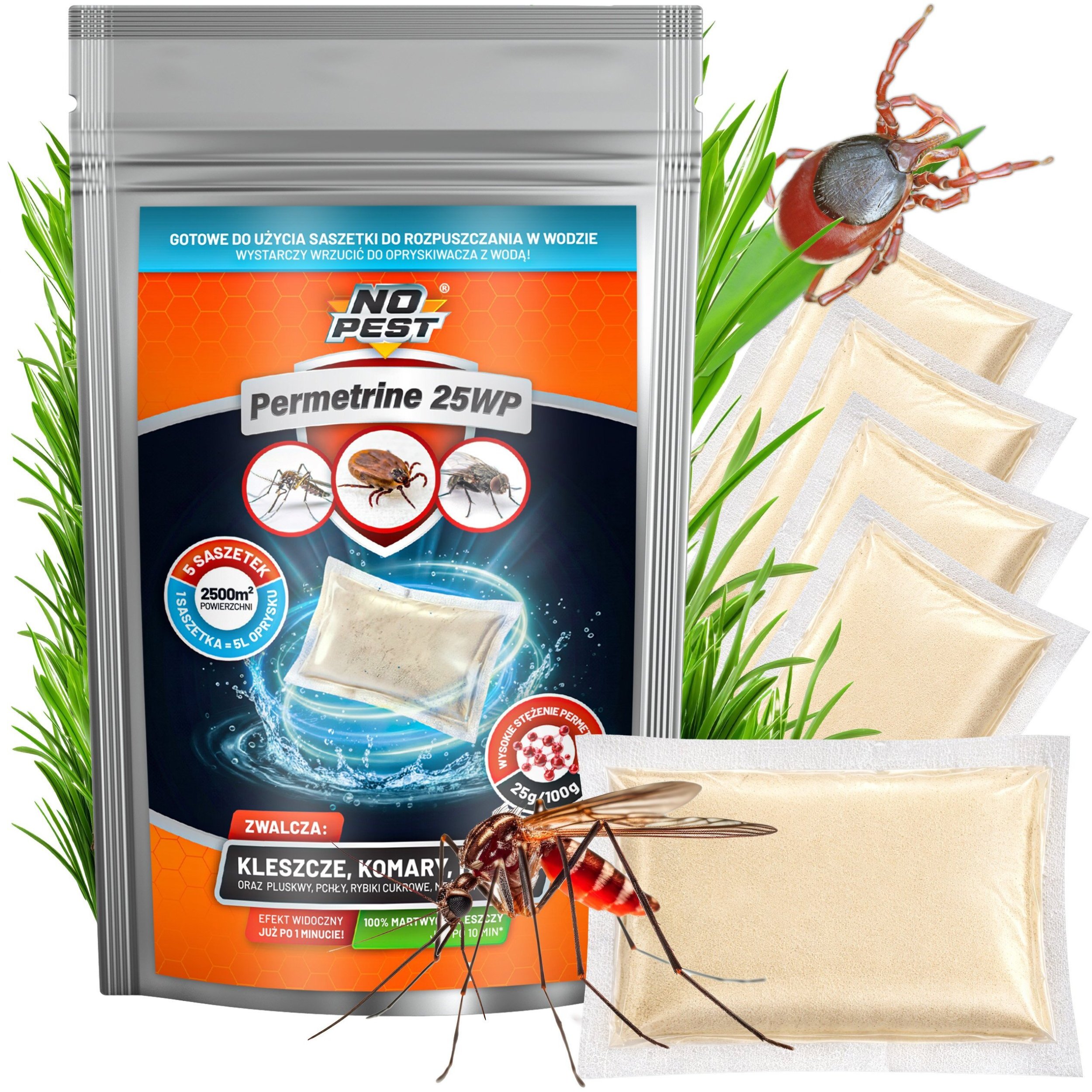 Oprysk Środek Preparat Proszek na Kleszcze Komary Muchy Meszki "Permetrine 25 WP" 62,5g