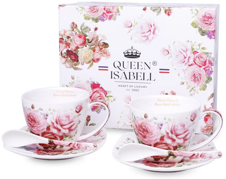 Elegancki Komplet Dwóch filiżanek z Podstawkami I Łyżeczkami w Kartoniku