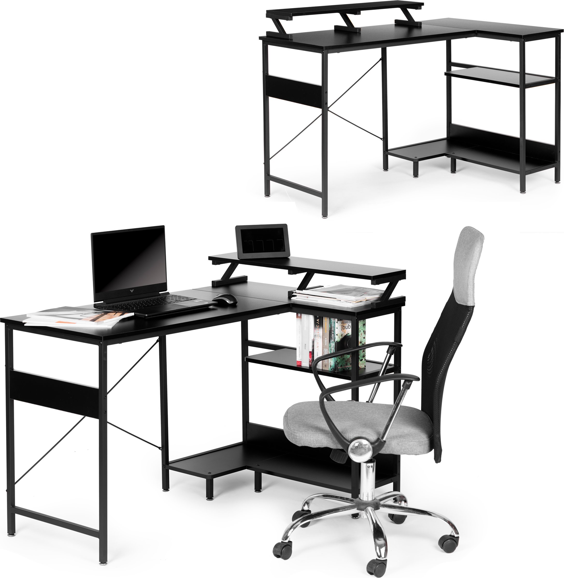 Biurko ModernHome Biurko narożne komputerowe stół 3 półki czarne