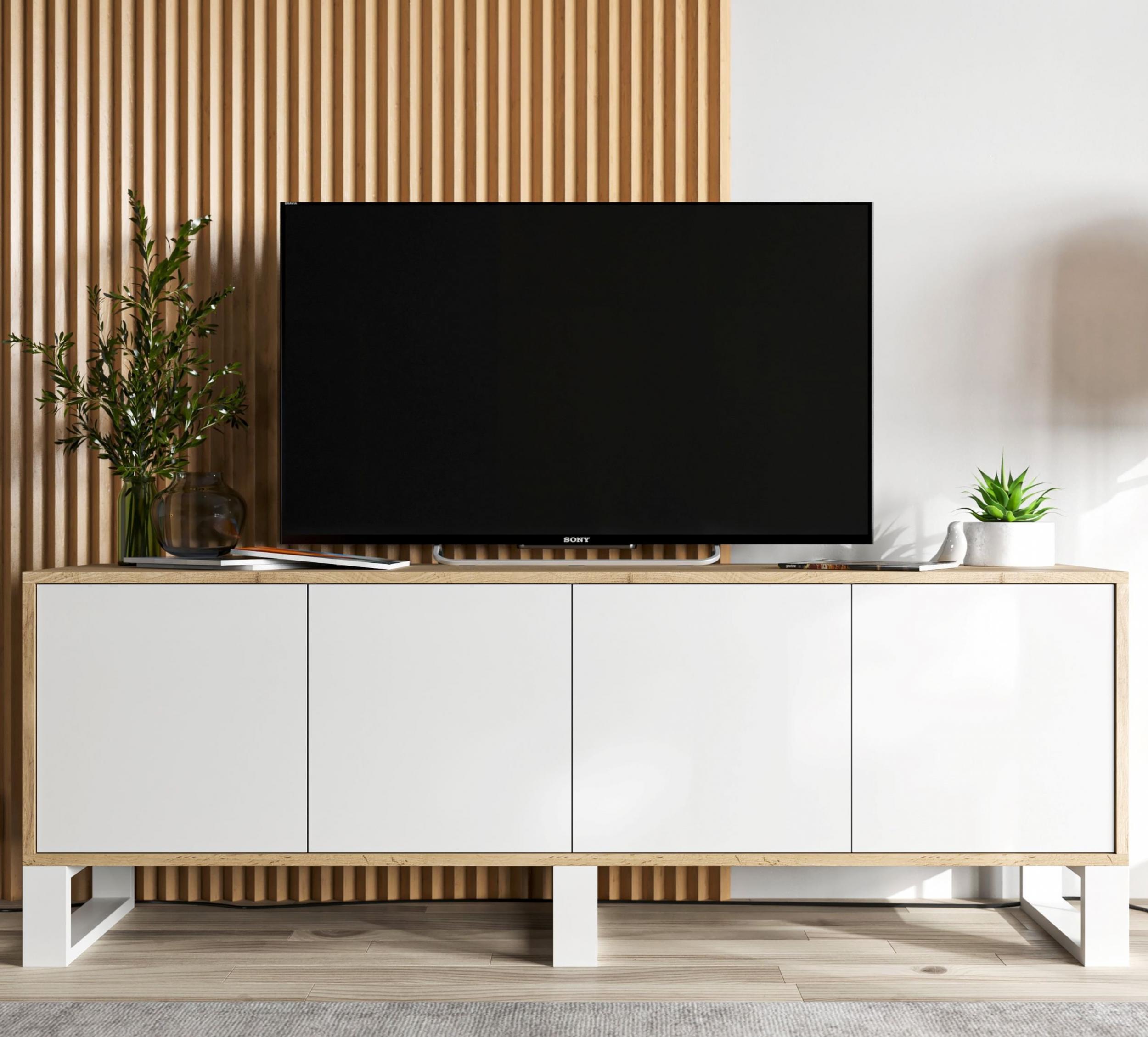 Meble Lindner Nowoczesna Szafka RTV Loft komoda RTV Loft Dąb Wotan Biały Mat 150 cm