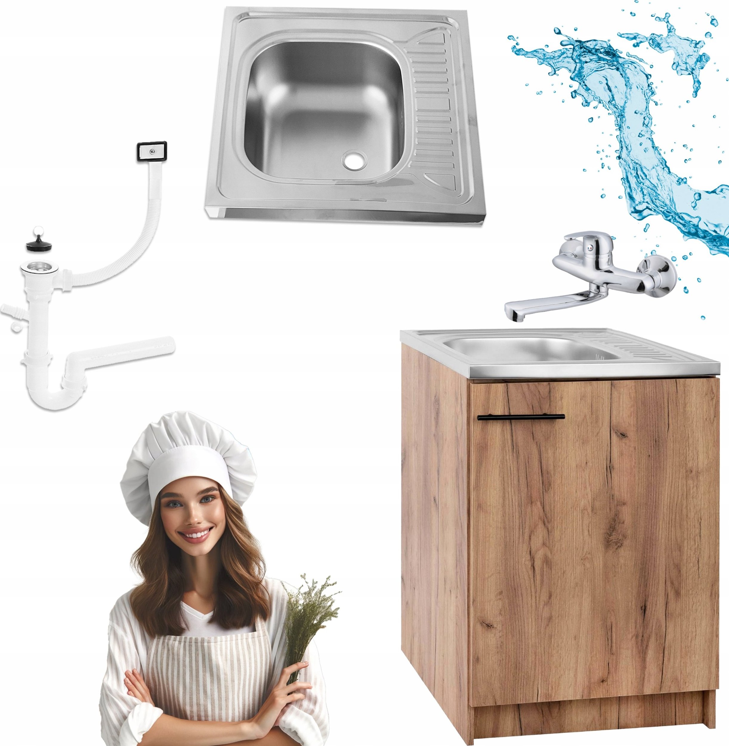 Szafka Kuchenna Dąb Złoty 60 x 50 cm Zlew Deante + Syfon + Bateria Ścienna