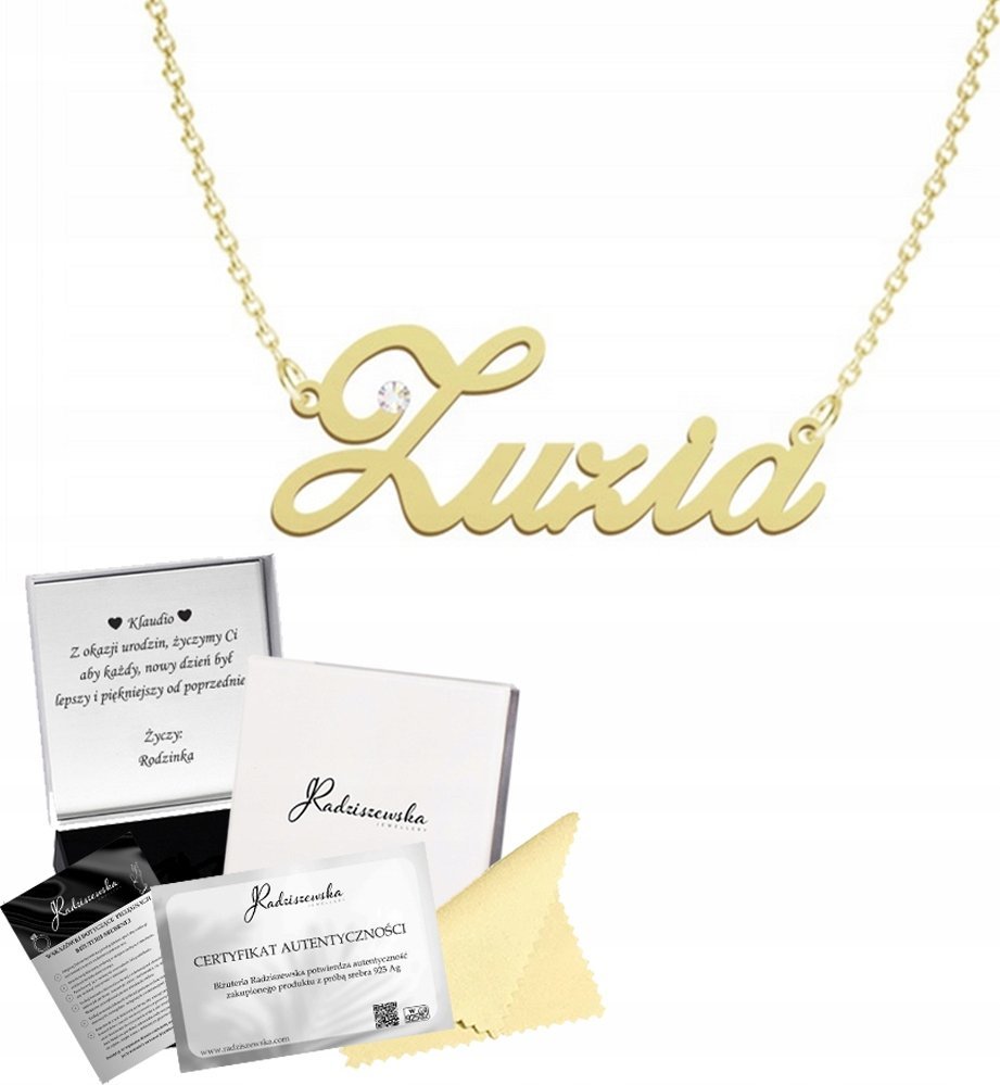 Radziszewska Jewellery ZŁOTY NASZYJNIK Z IMIENIEM ZUZIA ŁAŃCUSZEK SREBRO 925 PREZENT DEDYKACJA