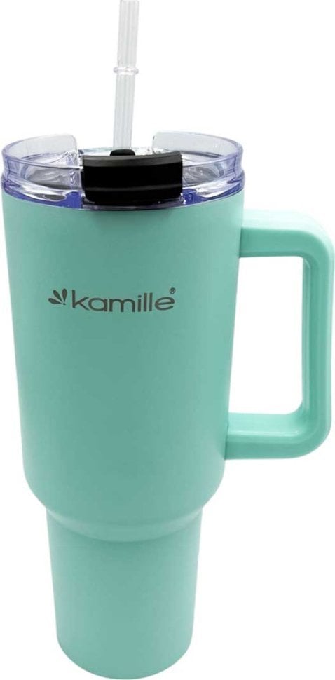 Kamille STALOWY KUBEK TERMICZNY TERMOS 1200ml Z RĄCZKĄ I SŁOMKĄ KM-2175