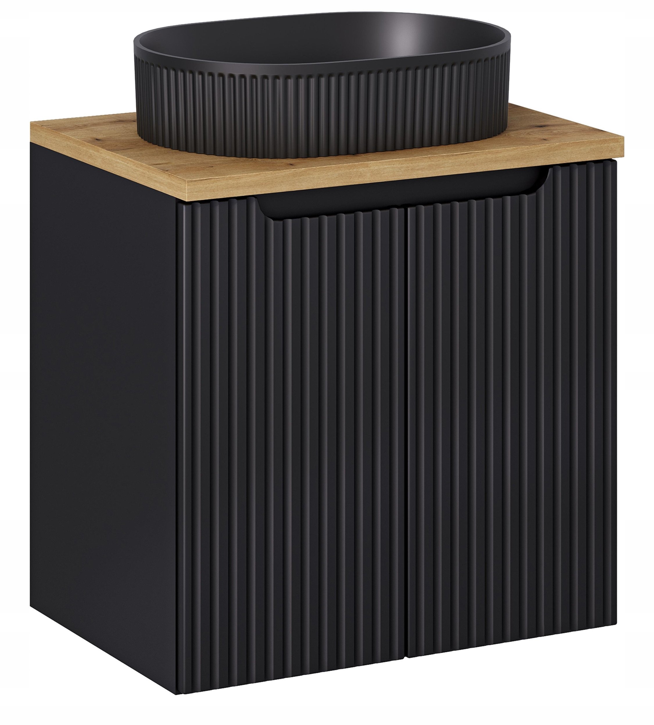 CZARNA RYFLOWANA szafka łazienkowa NOVA BLACK z umywalką i blatem OAK 60 cm
