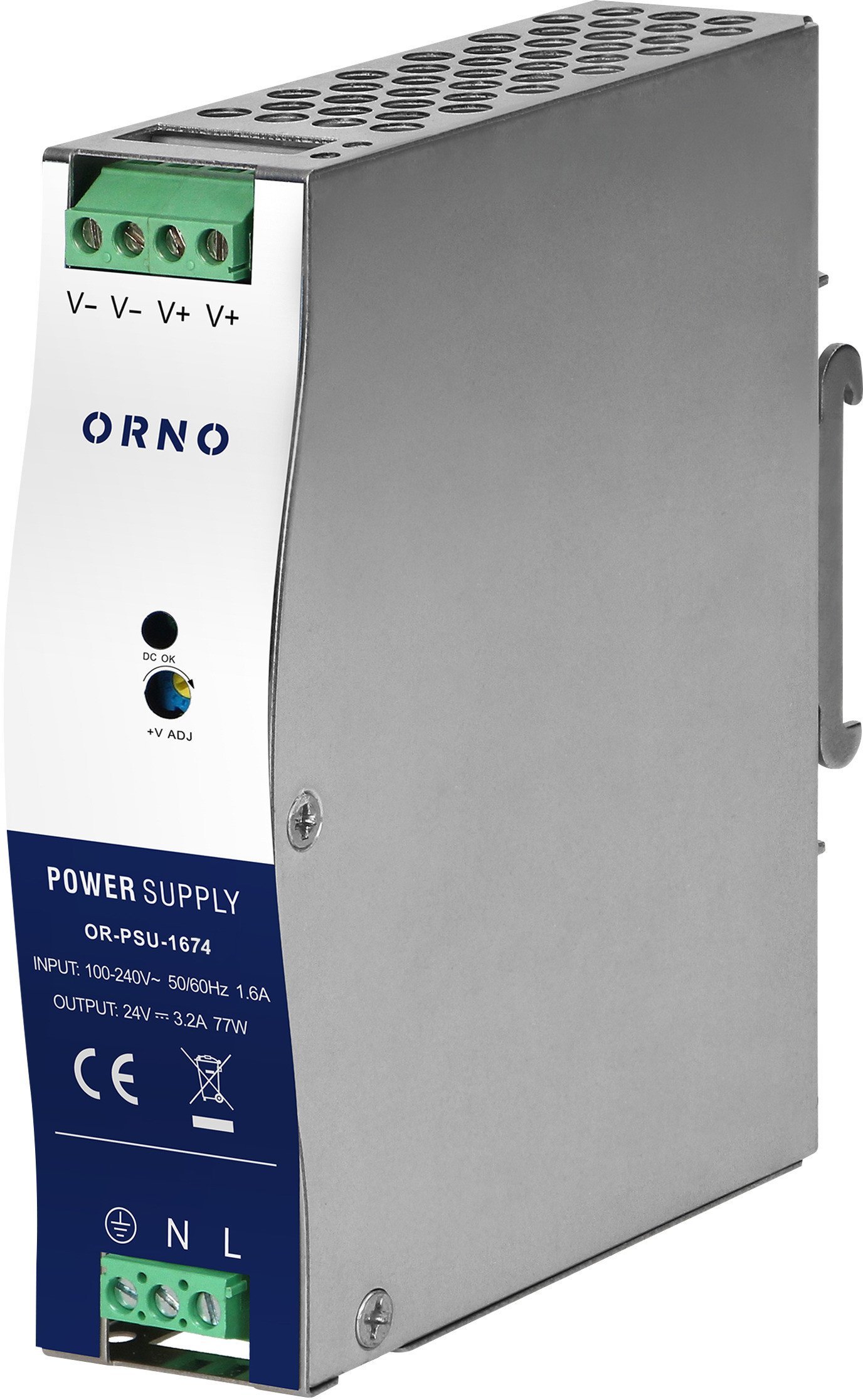 Zasilacz przemysłowy, na szynę DIN, 24VDC 3,2A 77W, w metalowej obudowie