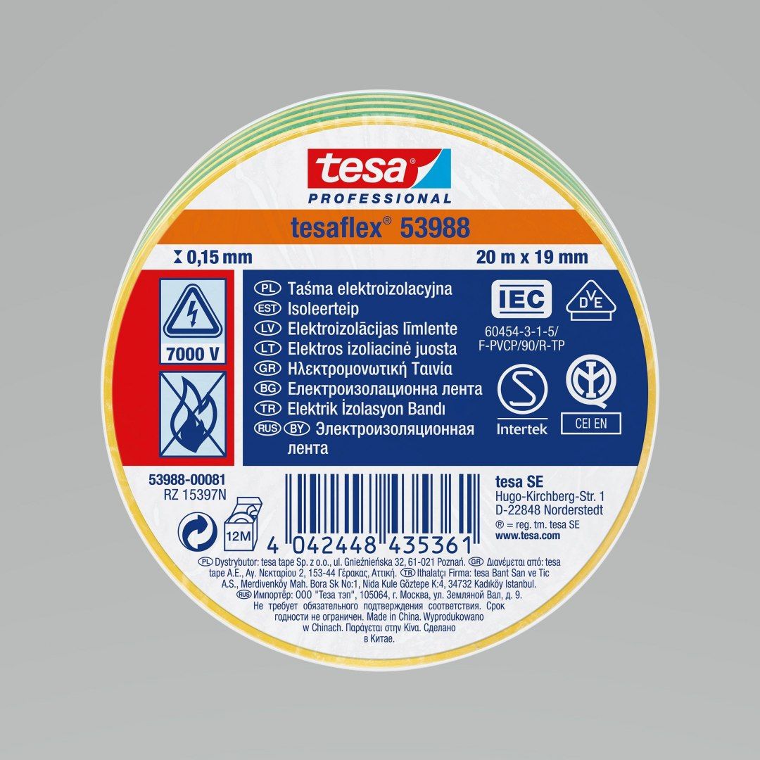Tesa TAŚMA ELEKTROIZOL.5000V PCW 20M:19MM ZIELONO-ŻÓŁTA(H5394899) H5398881 TESA