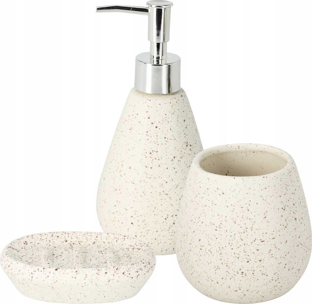 Zestaw akcesoriów łazienkowych: dozownik, mydelniczka i kubek