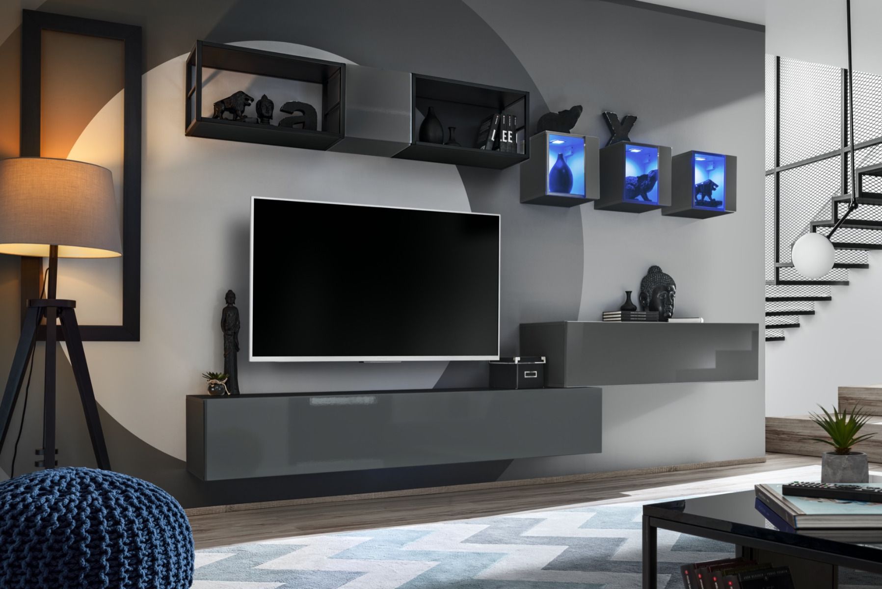 ASM Meble Meblościanka SWITCH MET III grafit połysk z metalowymi regałami ASM Meble