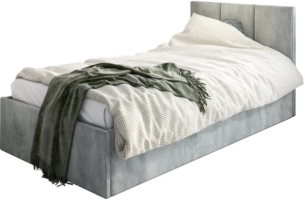 Łóżko młodzieżowe VIVO 120x200 jasne szare z tapicerowanym panelem i pojemnikiem na pościel MKPOL