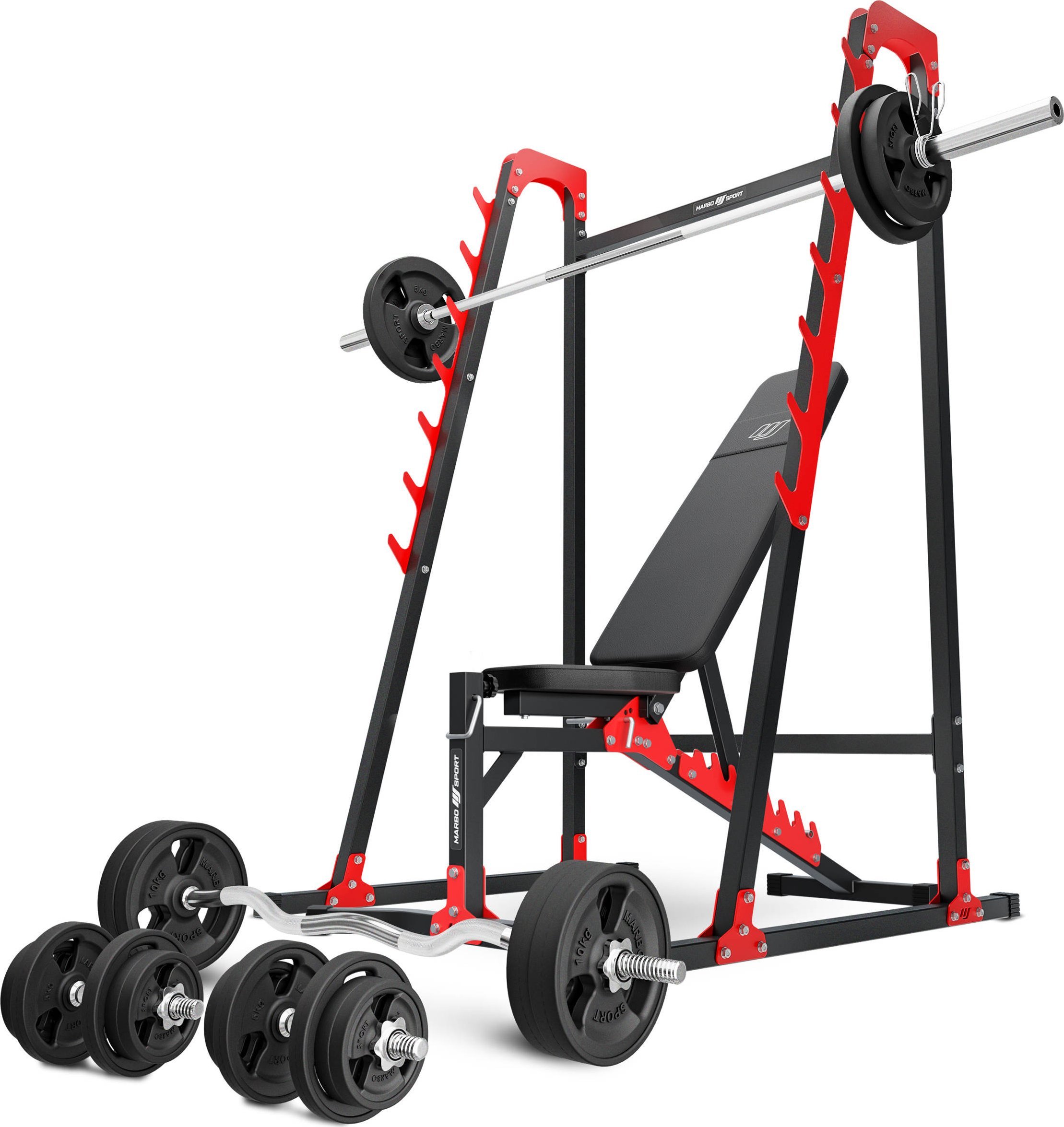 Zestaw MH24_156KG_KIER_G | Ławka regulowana + stojaki wielopoziomowe + zestaw gryfów i obciążeń gumowanych - Marbo Sport