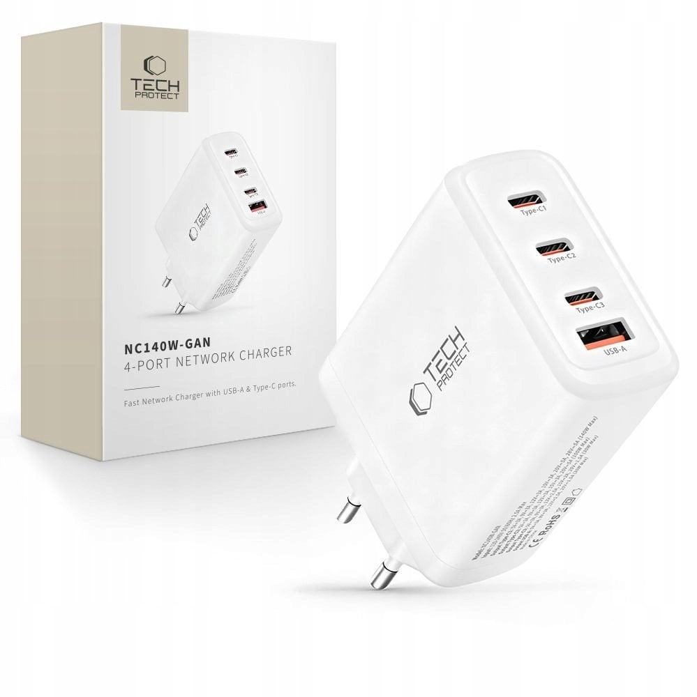 TECH-PROTECT NC140W-GAN 4-PORT NETWORK CHARGER PD 140W / QC3.0 WHITE