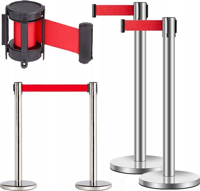 SŁUPKI ODGRADZAJĄCE Z CZERWONĄ TAŚMA ZESTAW 2 SZT SREBRNE