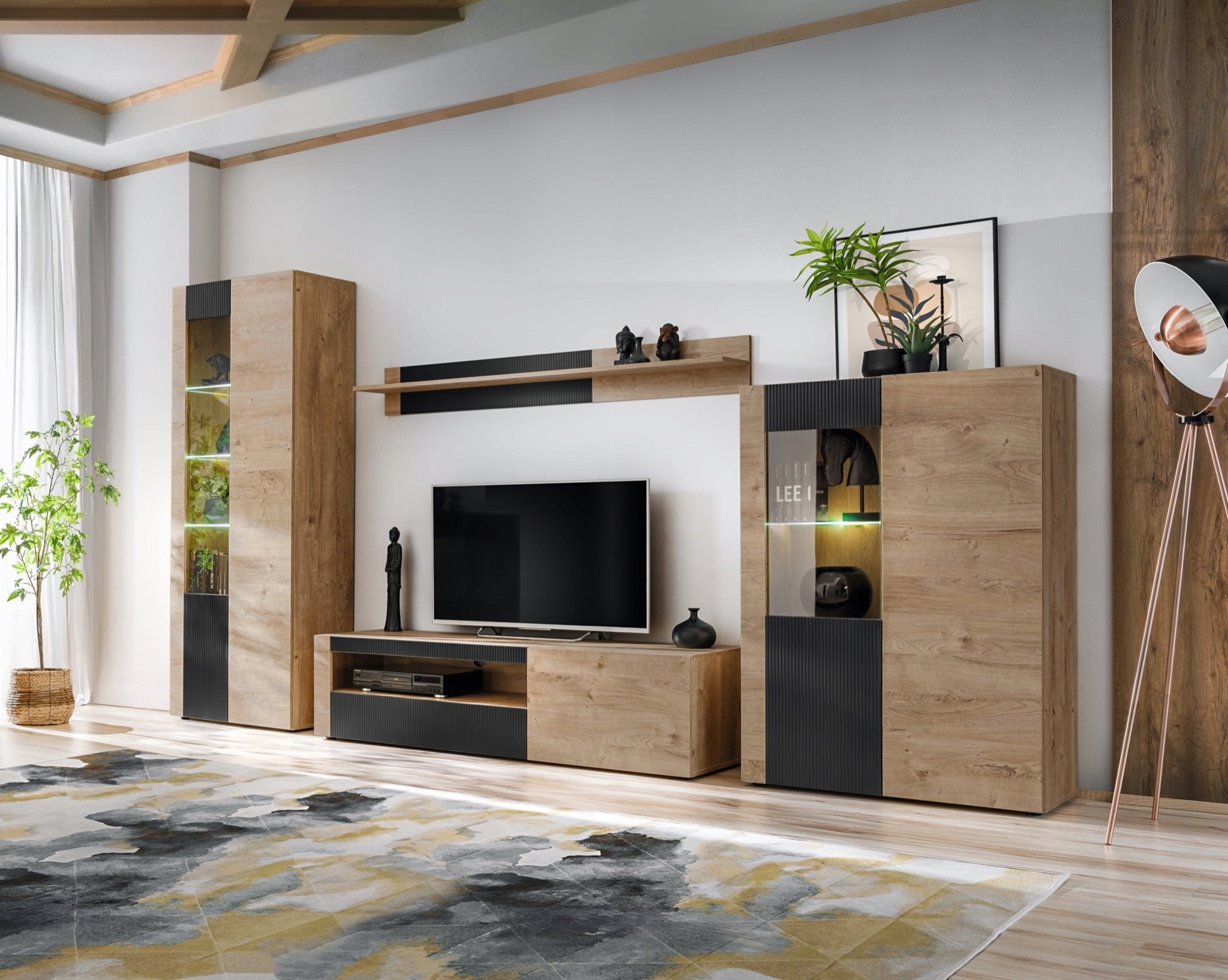 Zestaw Mebli ARON do salonu |LED|Dąb + Czarny Ryflowany| RTV, Wityny, Półka