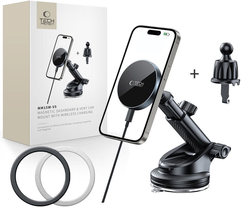 Uchwyt samochodowy na kokpit / szybę / do kratki z ładowarką 15W + 2x blaszki magnetyczne Tech-Protect MM15W-V5 Magnetic MagSafe Dashboard & Vent Car
