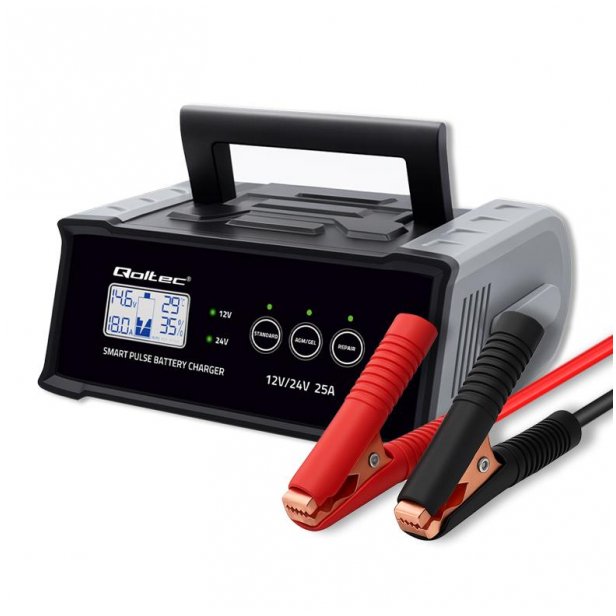 Ładowarka Qoltec Ładowarka inteligentna mikroprocesorowa 12V 24V 25A | Prostownik z funkcją naprawy do akumulatora AGM GEL SLA | LCD