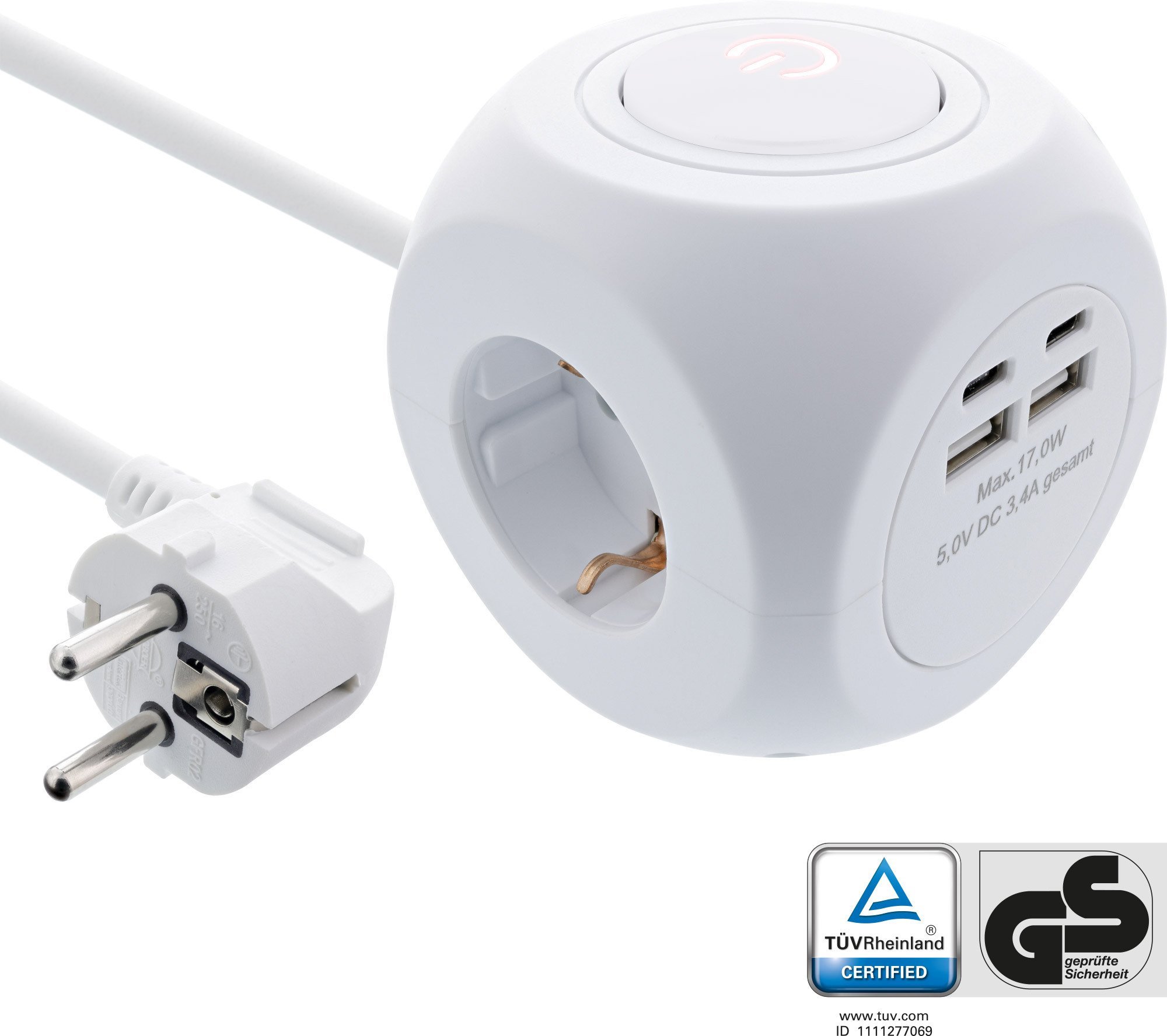 InLine InLine® Charging Cube, 3x earthing contact, 2x USB-C, 2x USB-A, white, 2m