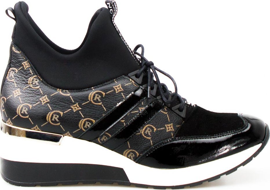 AGA Sneakersy skórzane na koturnie czarne z wzorem Aga-36