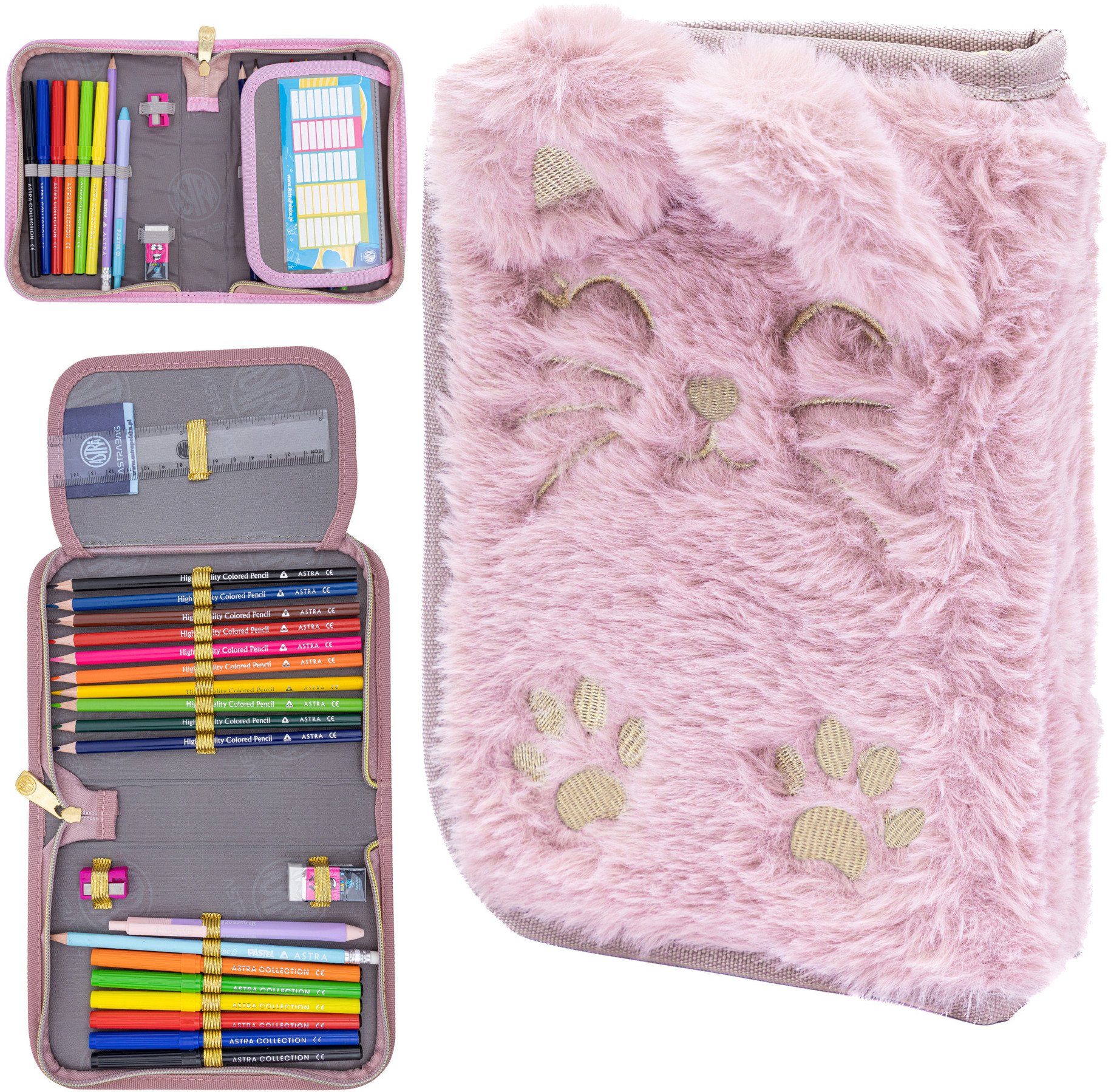 Piórnik z wyposażeniem 22el futrzany pluszowy kotek Fuffy Kitty AC11 ASTRA