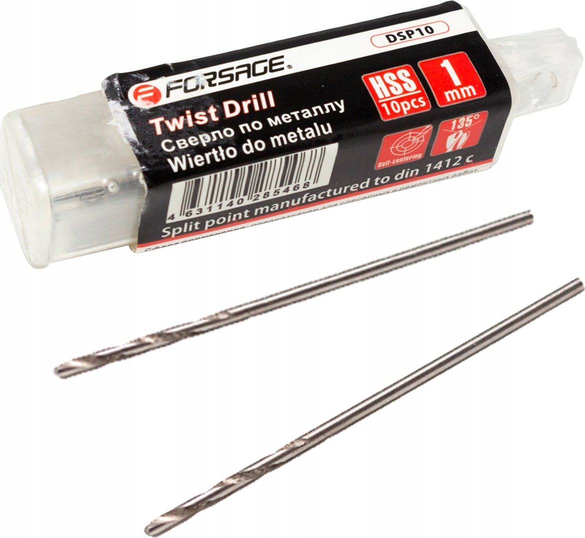 Wiertło Forsage ZESTAW WIERTEŁ 1mm 10 SZT. WIERTŁA DO METALU plastikowej walizce