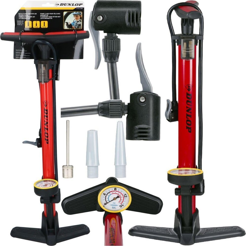 Dunlop POMPKA WARSZTATOWO ROWEROWA DUNLOP 230 PSI (16Bar) Z MANOMETREM CZERWONY
