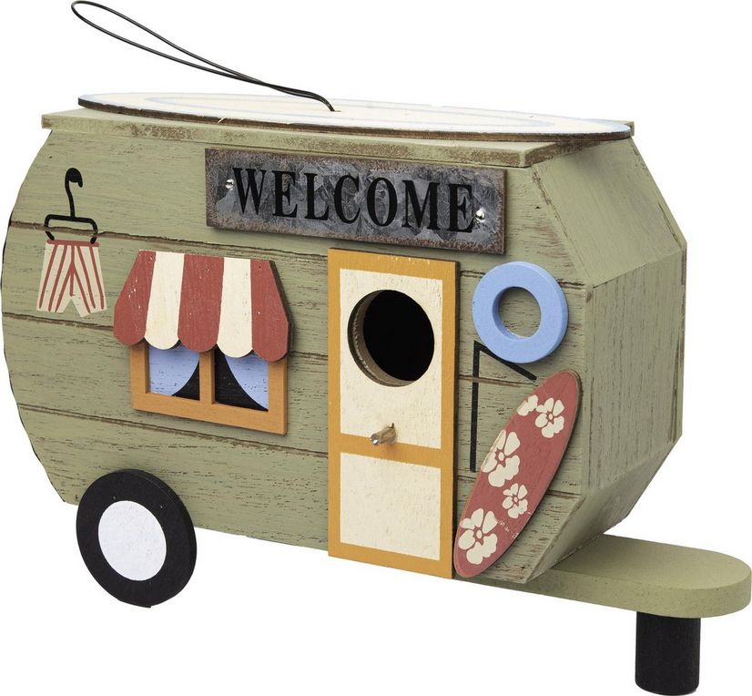 KMTP Domek dla ptaków drewniany w kształcie przyczepy kempingowej Welcome