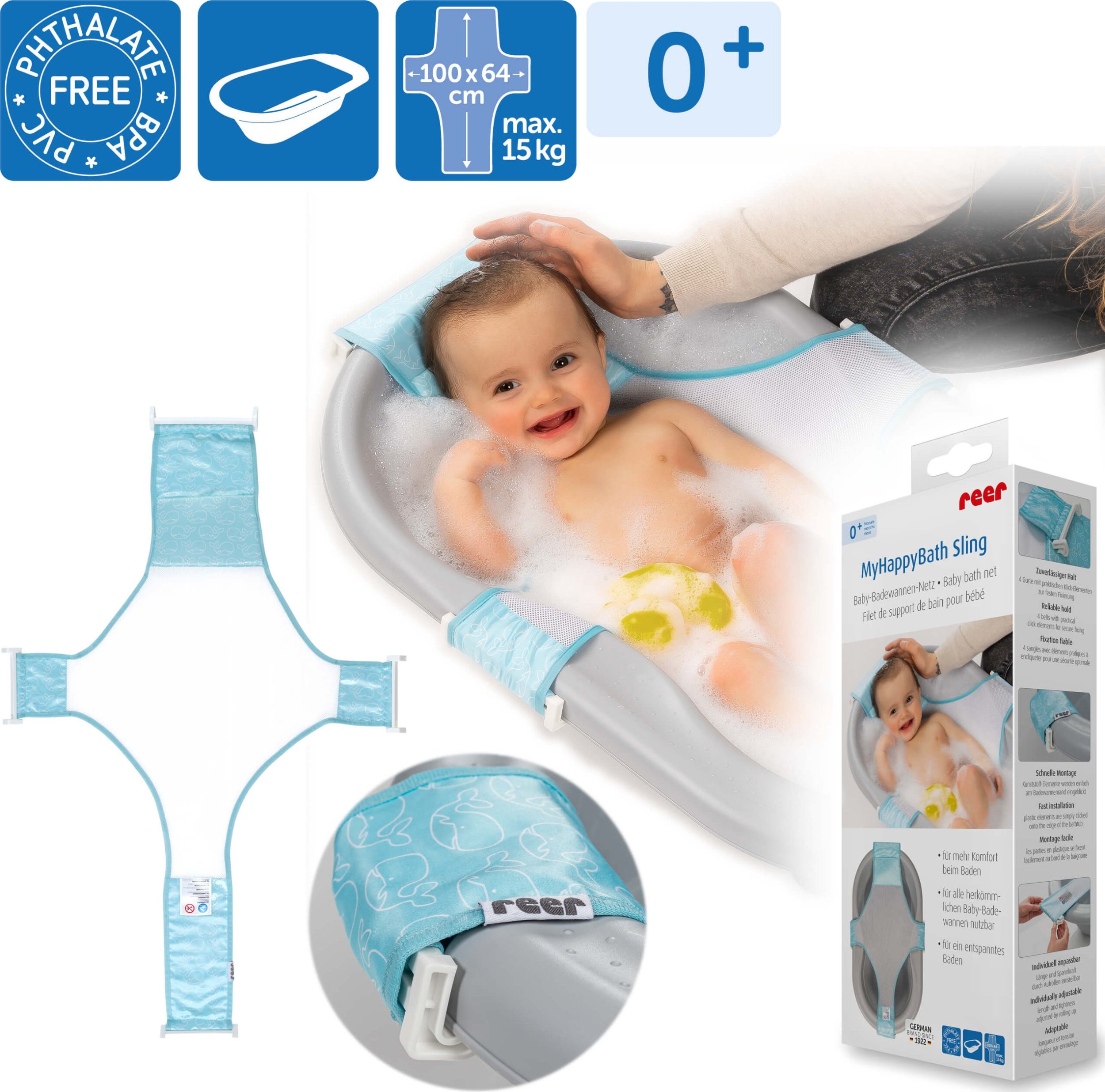 Reer Leżaczek hamak wkładka siatka regulowana do wanienki niemowląt REER