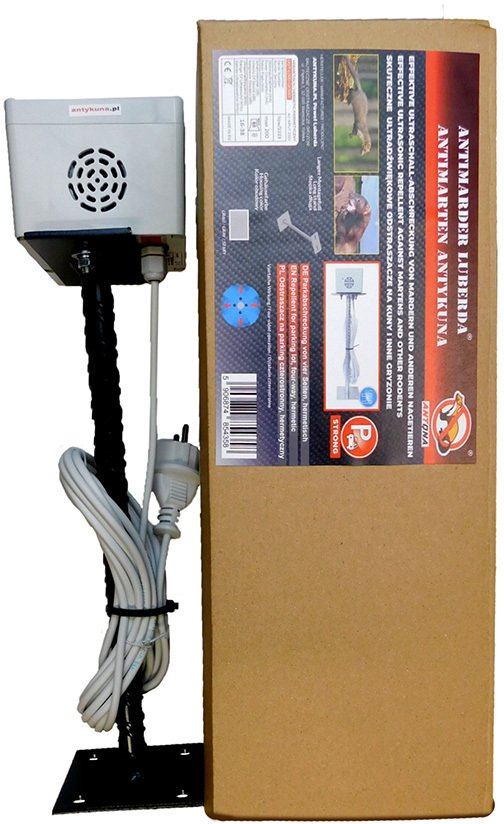 Antykuna.pl Hermetyczny odstraszacz na kuny, myszy i szczury MOCNY | 4-stronny na wysokiej stopce 230V | parking, ogród, magazyn | PRZEWÓD 10 m