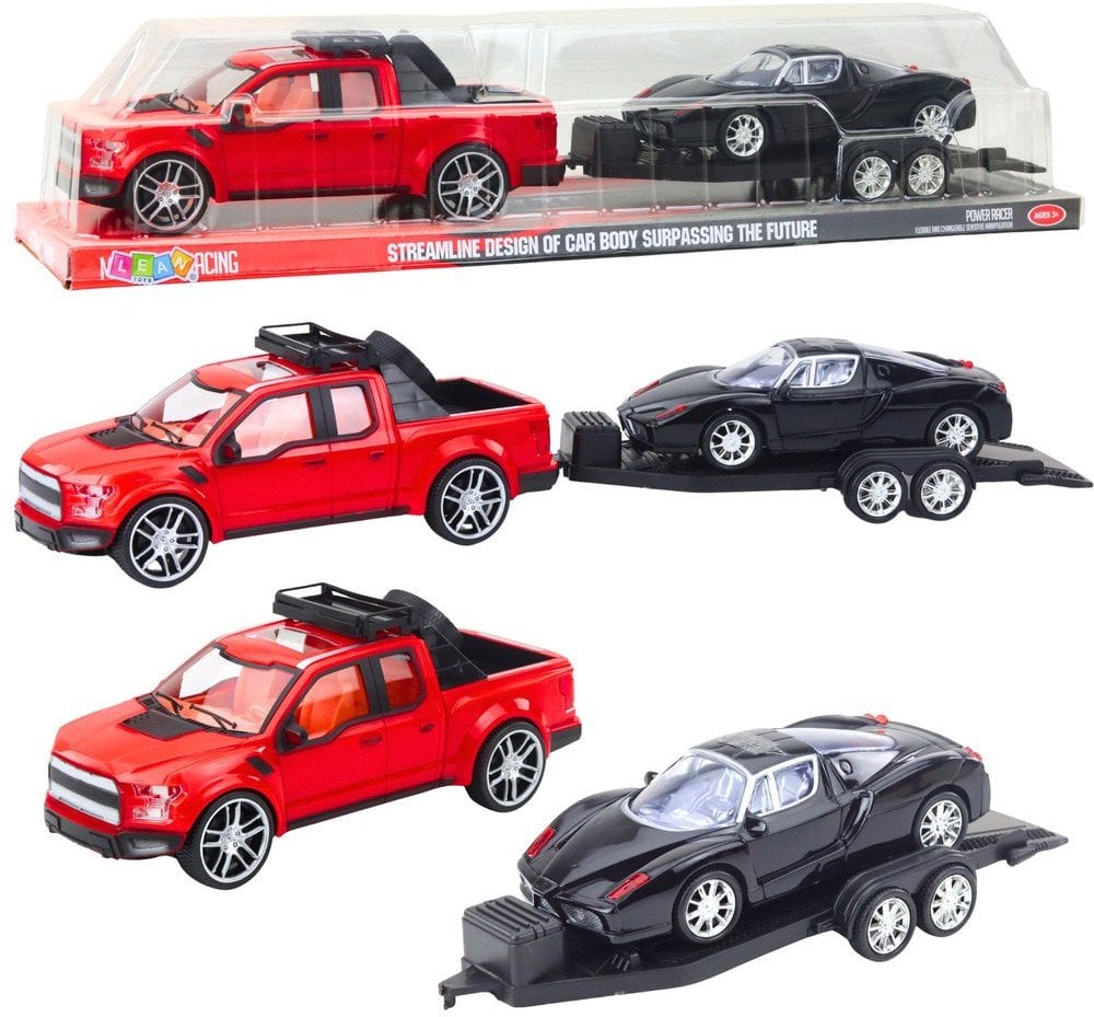 Zestaw Samochód Terenowy Czerwony Laweta Samochód Czarny Sportowy 59cm