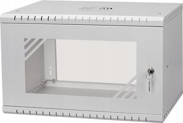 Szafa Lexi-NET 19" szafki ścienne Basic 6U 520x450, szklane drzwi, bez tyłu, rozłożony, szary