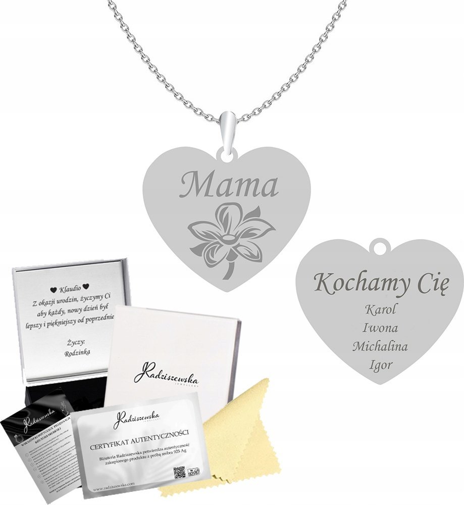 Radziszewska Jewellery Naszyjnik Srebrny Serce Imię Dziecka Prezent dla Mamy 925 GRAWER GRATIS
