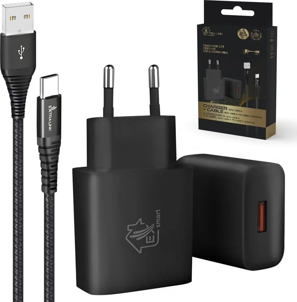 Ładowarka ExtraLink EXTRALINK SMART LIFE SET01 CABLE + CHARGER: 15W 5V 3A, USB-USB-C, 200CM / 12W 5V 2.4A (BLACK)