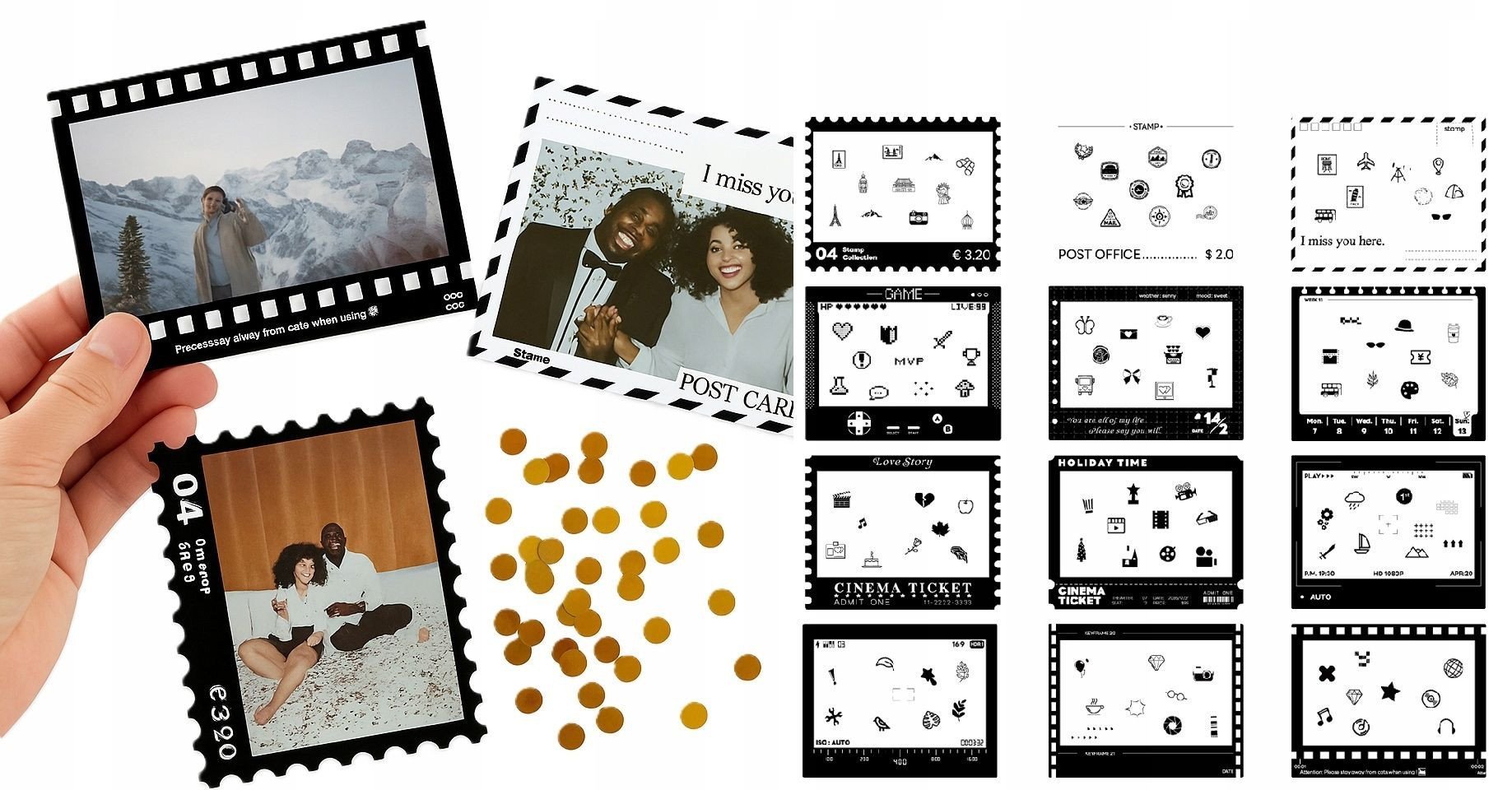 Zestaw 12x Naklejki Ramki Do Fuji Wide 400 / 300 / Sp-3 / Polaroid Now / Now+ 600 - Czarno Białe