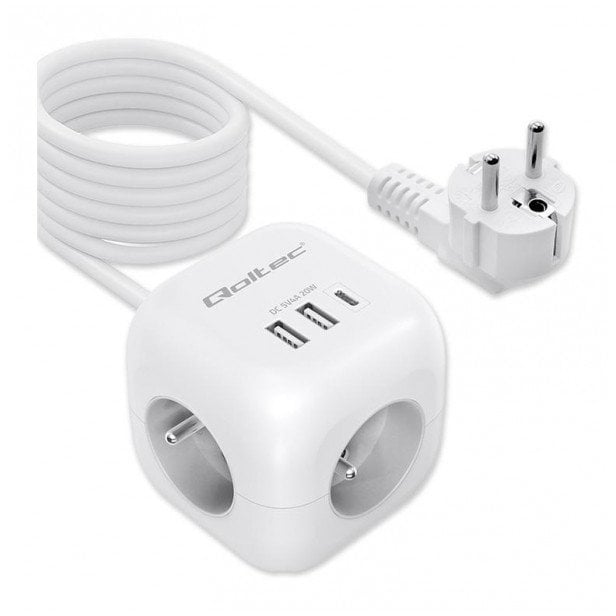 Kostka zasilająca Qoltec przedłużacz 6w1 z podświetlanym włącznikiem | 3x AC | 2x USB | 1x USB-C PD 20W | Biała | Kabel 2m