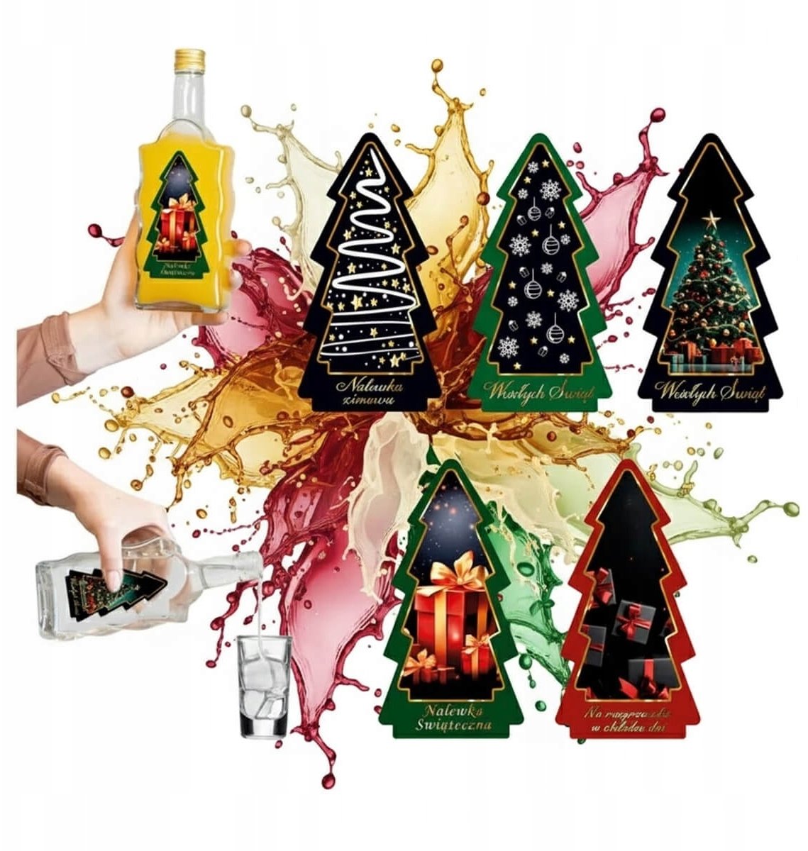 10x Świąteczne etykiety CHOINKA NAKLEJKI na butelki alkohol nalewki PREZENT