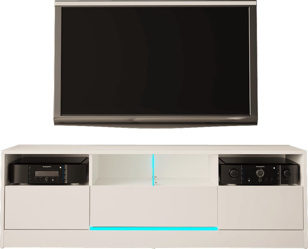 MEGSTYL SZAFKA RTV 160CM Z LISTWĄ LED I 3 SZUFLADAMI - DISPARO 6 biały mat - biały połysk