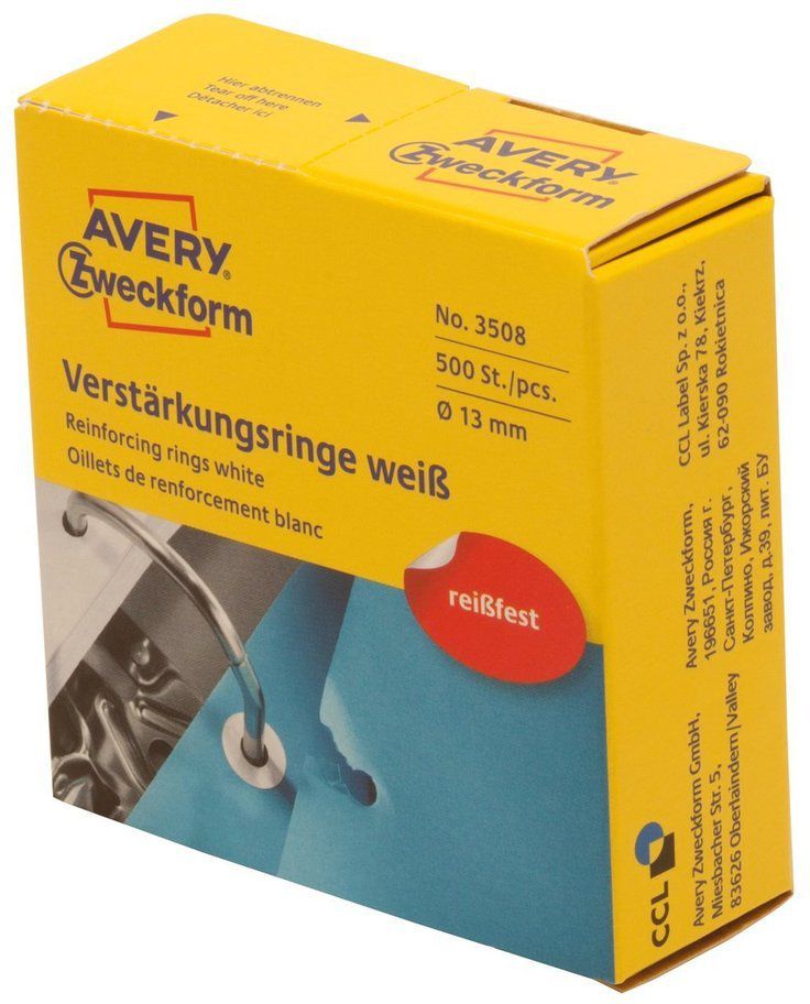 Avery Zweckform Pierścienie wzmacniające do segregatorów - białe Ø 13 mm, biały (3508)