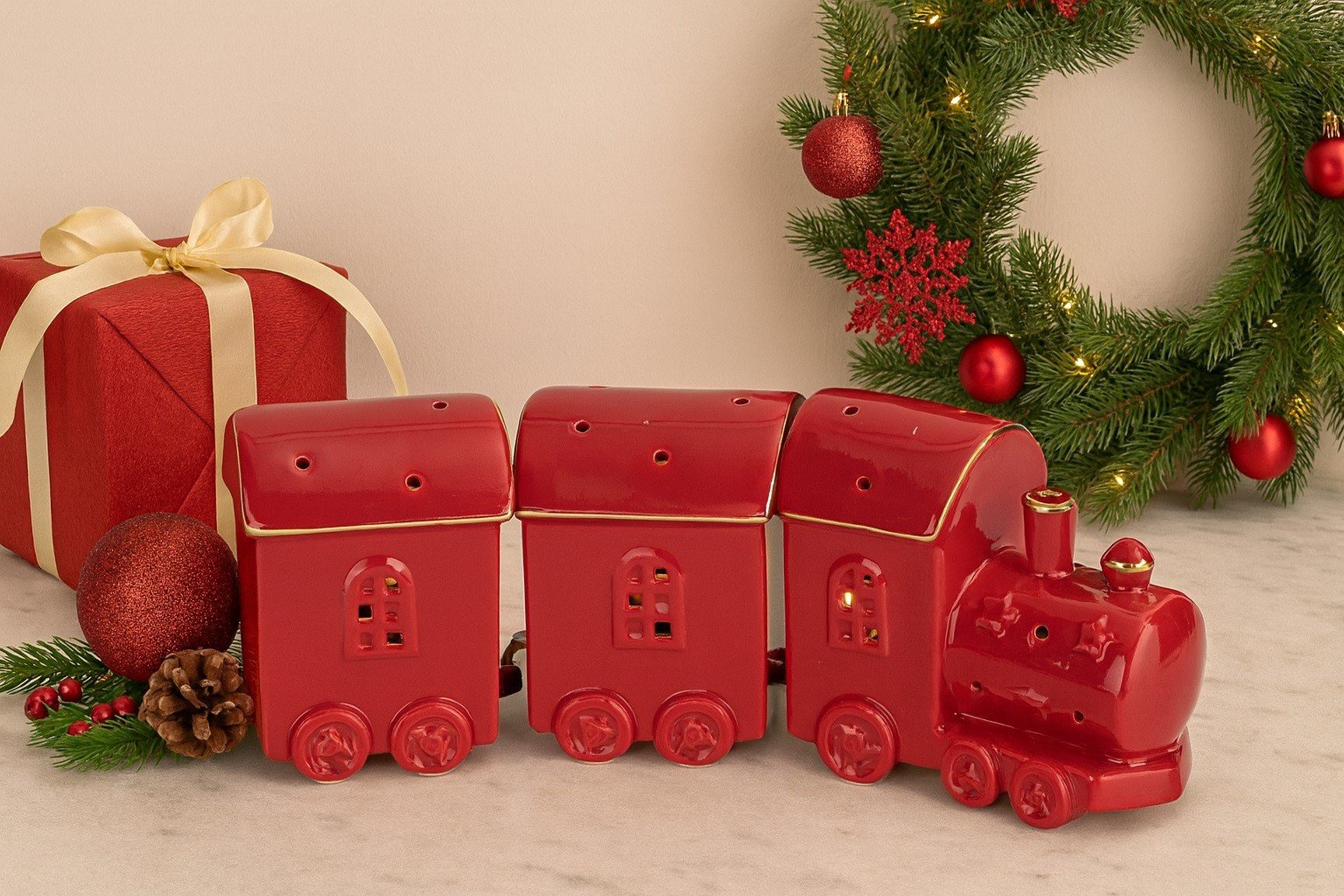 Pociąg ceramiczny czerwono-złoty led