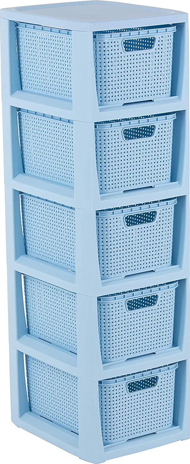 Branq BRANQ - Regał łazienkowy rattanowy - 5x kosze - komoda - niebieski