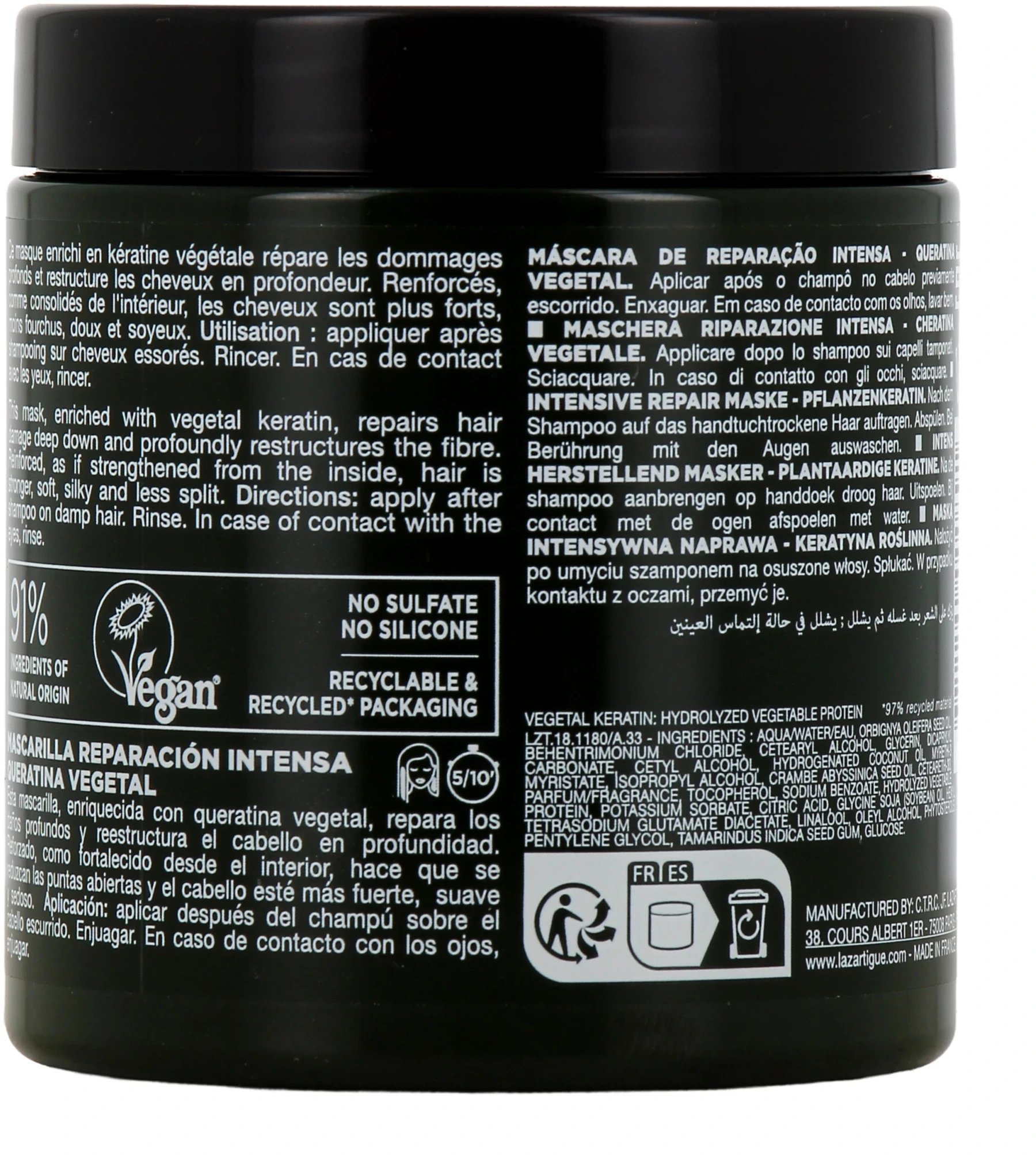 Lazartigue, Repair, Vegan, Hair Treatment Cream Mask, For Repairing, 250 ml Unisex