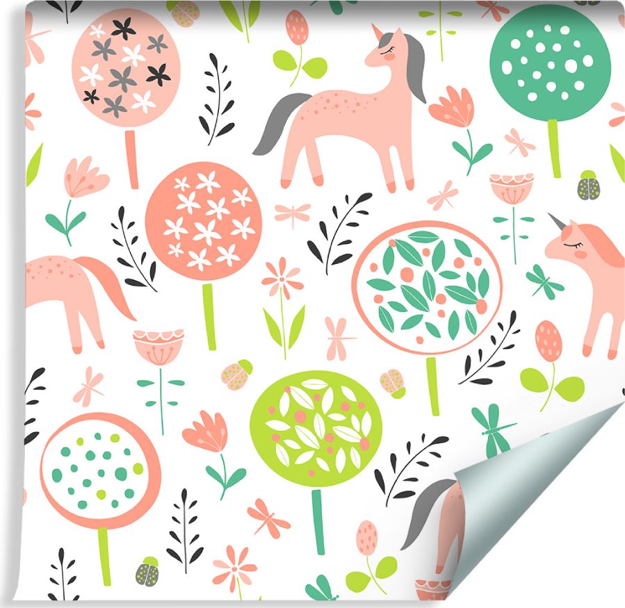 Muralo Tapeta Dla Dzieci - Kolorowe Jednorożce i Roślinki