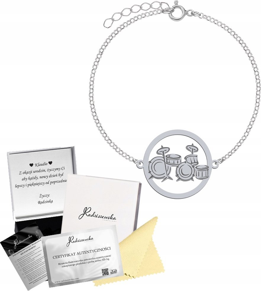 Radziszewska Jewellery Bransoletka Srebrna z Perkusją 925 Prezent dla Muzyka Ankier GRAWER GRATIS