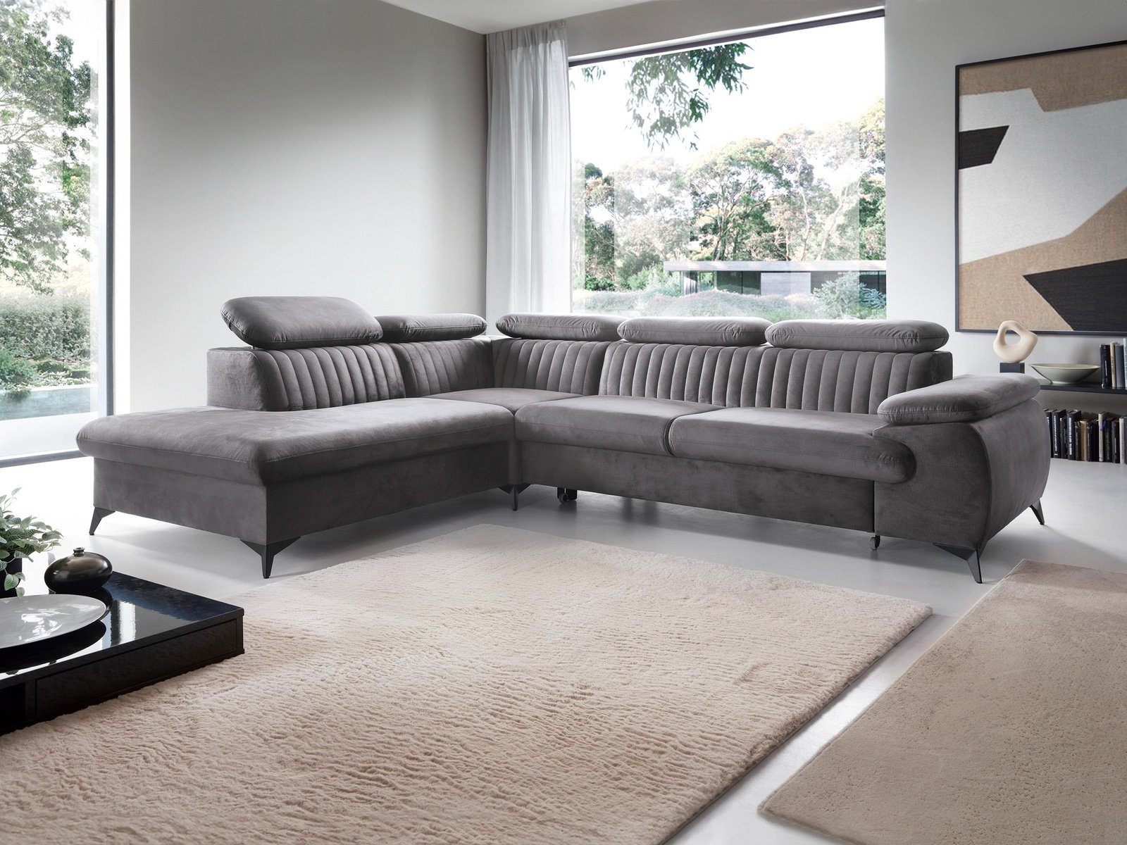 Narożnik VETTO lewostronny Monolith 92 popielaty ciemny szary welur funkcja spania