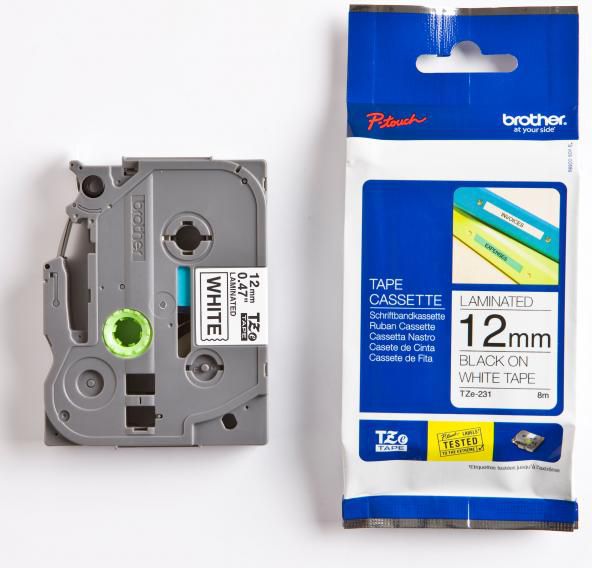 Brother Taśma do drukarek etykiet czarny druk / biały podkład laminowane mocny klej 12mm x 8m (TZES231)