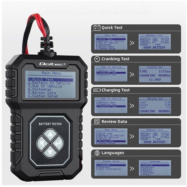 qoltec Cyfrowy Tester akumulatora z LCD | 12V | AGM | GEL | STD | 30- 220Ah