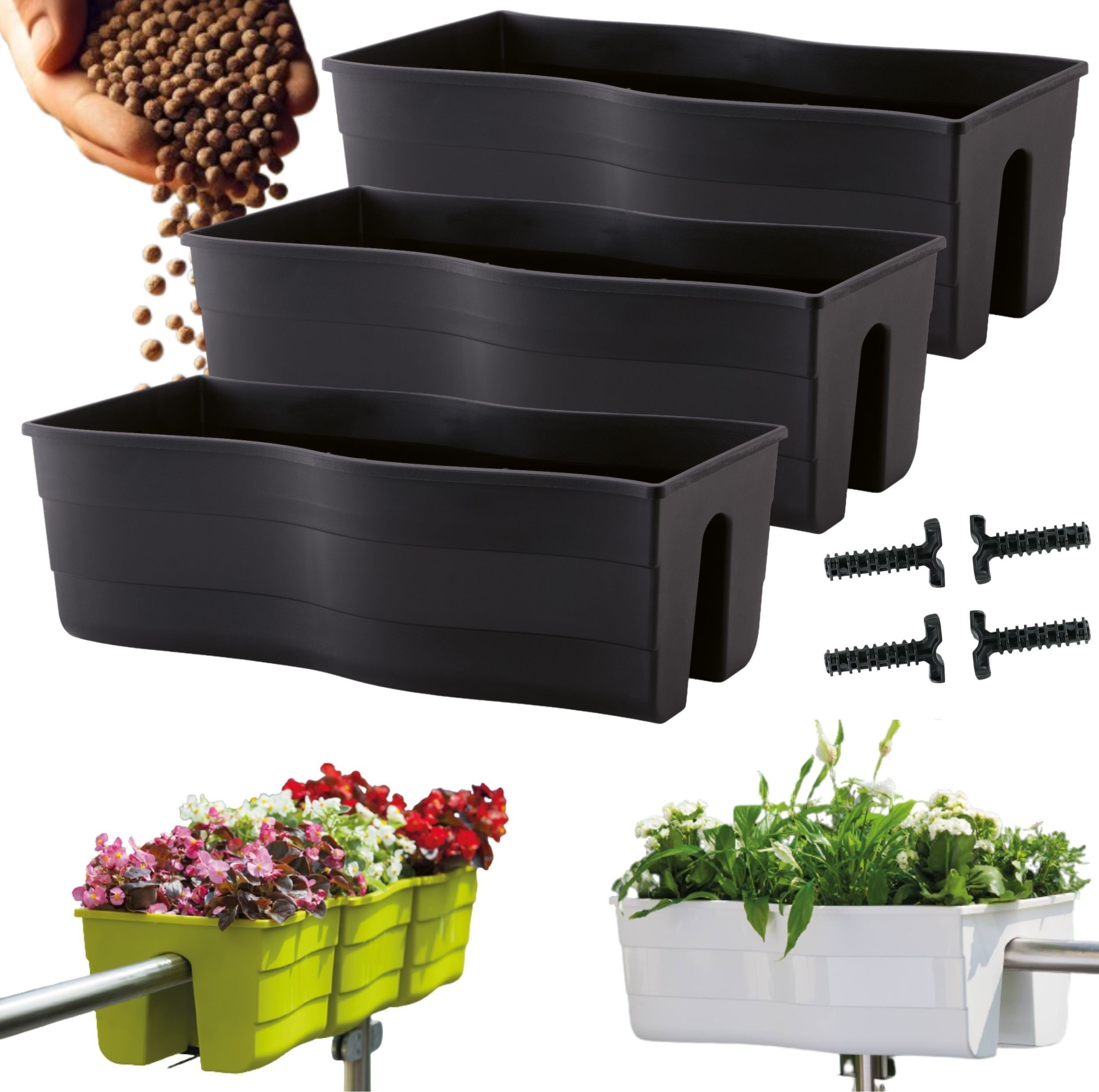 3x Skrzynka na balustradę Wave 60, Doniczka balkonowa + keramzyt 5l